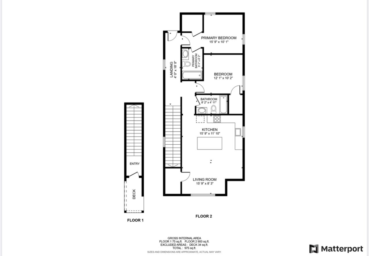 A floor plan of a two-story house with a landing area, a primary bedroom, a secondary bedroom, a bathroom, a kitchen, a living room, and a deck.