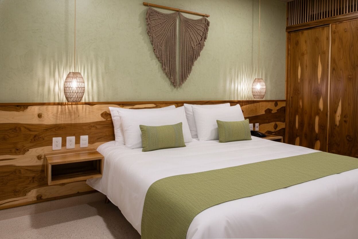 A neatly made bed with white linens and a green throw blanket, a wooden headboard, bedside lamps, and a wall-mounted macrame piece.