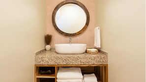 Shower, rainfall showerhead, hair dryer, towels