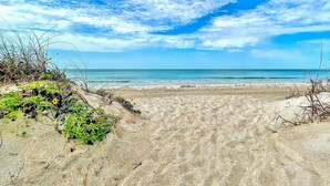 A sandy beach with sparse vegetation and a clear blue sky.