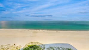 Ein Strand mit klarem Himmel, ruhiger See und weiter Ferne.