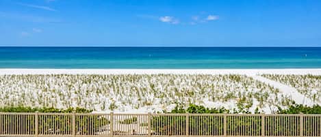Een strand met helder uitzicht op de oceaan, een zandgebied met begroeiing, en een omheind gebied met ligstoelen.