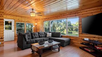 Televisie, een open haard en boeken