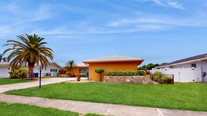 A residential area with houses, a well-maintained lawn, and a palm tree.