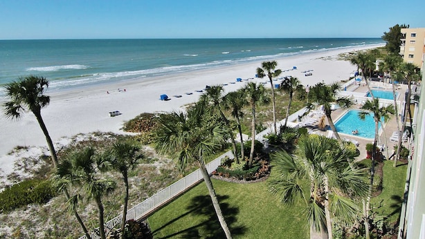 Un complejo turístico en la playa con piscina, palmeras y vistas al océano.