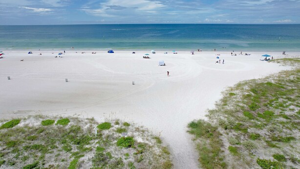 Ein Strand mit weißem Sand, klarem blauen Wasser und vereinzelter Vegetation.