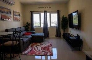 Un salon comprenant un canapé, une table à manger et des chaises. Il y a deux fenêtres avec des rideaux, un téléviseur à écran plat fixé au mur et un tapis décoratif sur le sol.