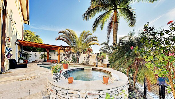 A stone pool surrounded by potted plants and palm trees, with a covered seating area and a pathway leading to a building.