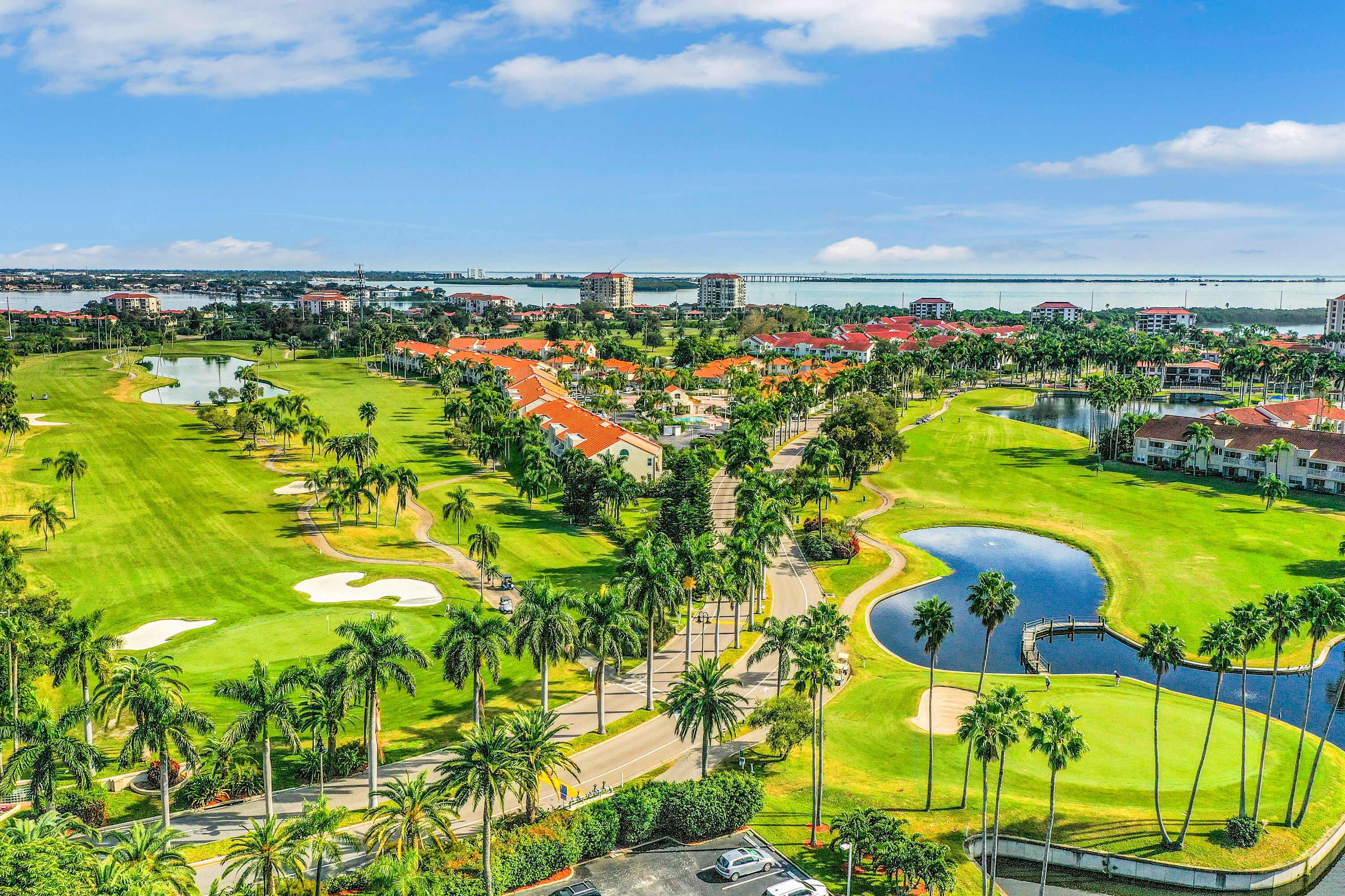 A golf course with a water hazard, palm trees, and a view of a bridge in the distance.