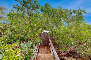 A wooden staircase leading up to a gated entrance surrounded by dense foliage. - Oceanfront condo with Shared Pool Ocean View High Speed WiFi and Central AC (Indian Rocks Beach)