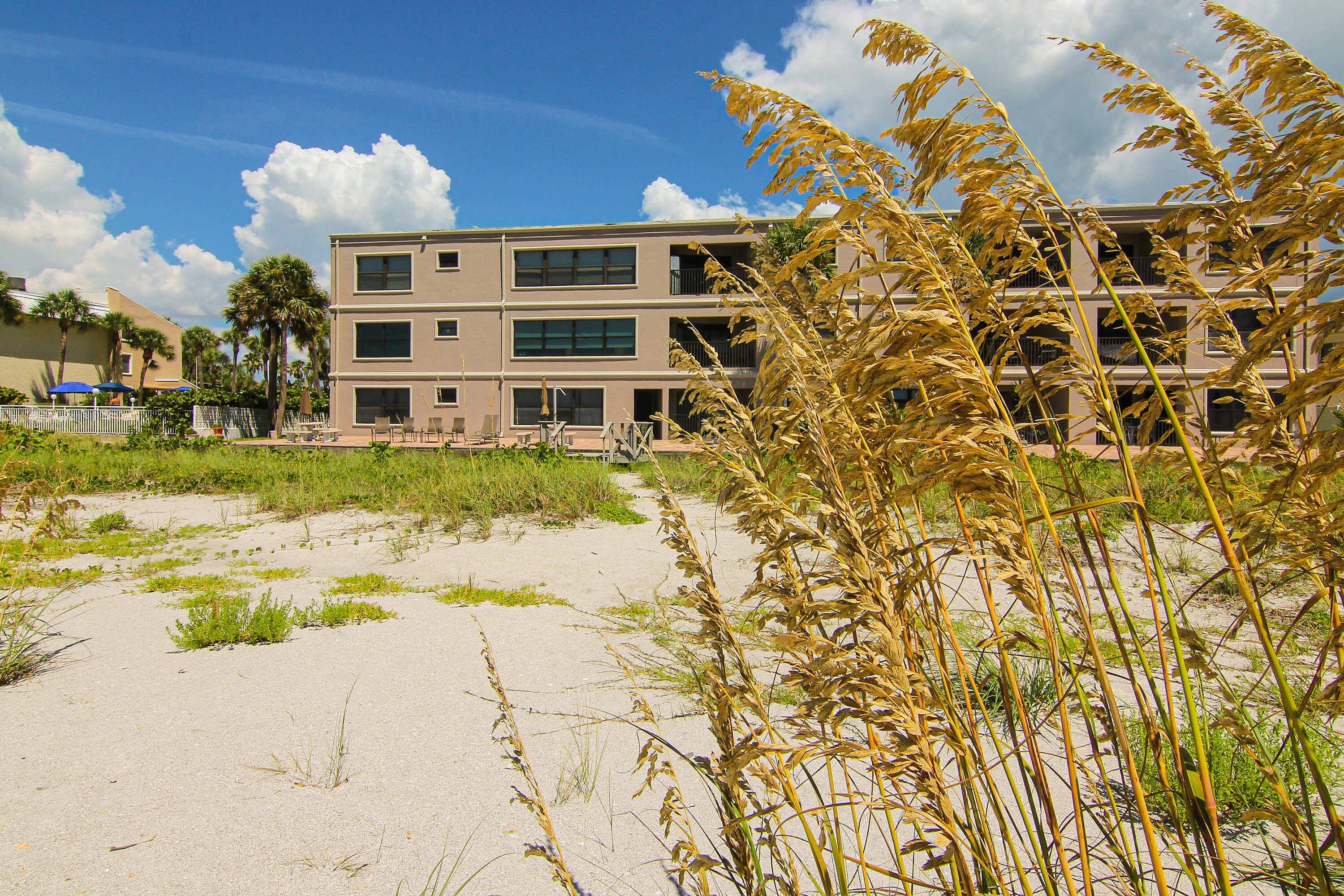 A multi-story building with a flat roof and large windows.
