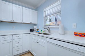 A kitchen with white cabinets, a built-in dishwasher, a sink, and a window with blinds. - 1st floor condo with private dock easy beach access heated pool and patio (Indian Shores)