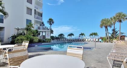 4th-floor beachfront corner condo with private balcony, views, heated pool, BBQ,