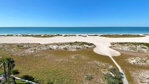Ein Strand mit blauem Himmel, Sandflächen und vereinzelter Vegetation.