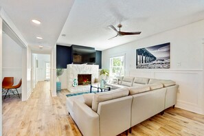 TV, fireplace, video games, books