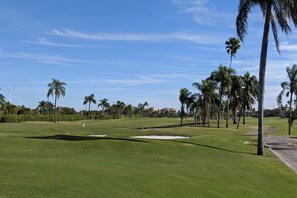 A golf course with a clear sky, palm trees, and a well-maintained green.