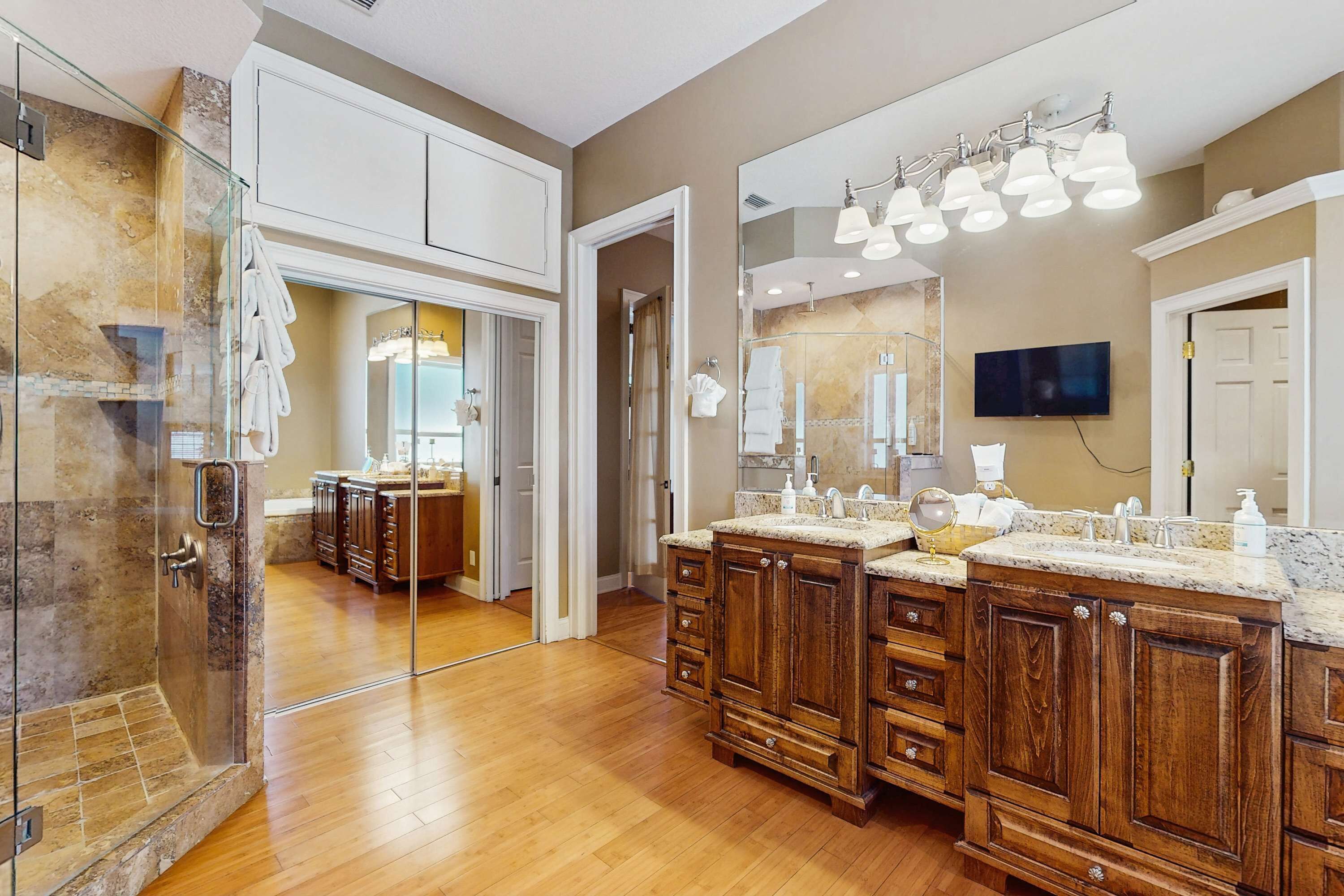 Shower, hair dryer, towels, shampoo