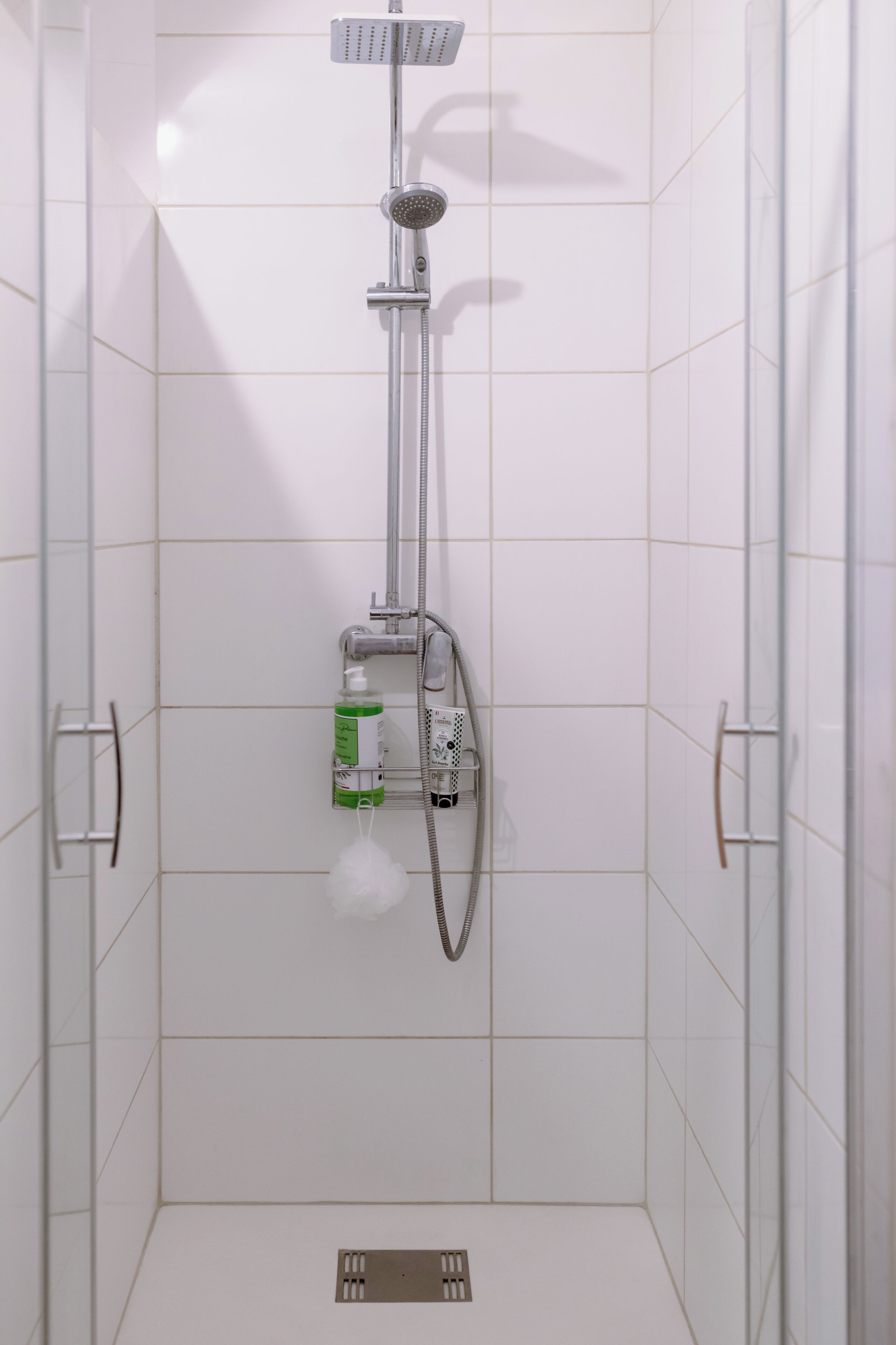 A shower with a handheld showerhead, a wall-mounted faucet, and a handheld showerhead.