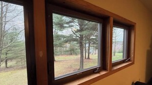 Una ventana con vista a zona boscosa.