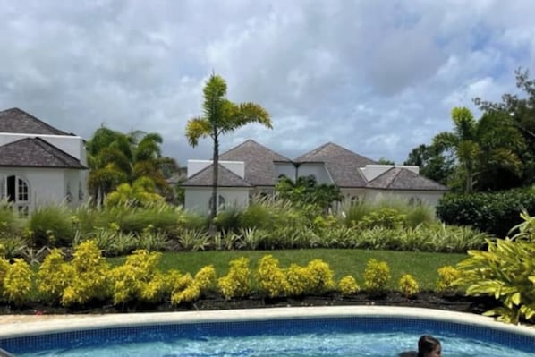 A swimming pool surrounded by lush greenery and a building with multiple roofs.