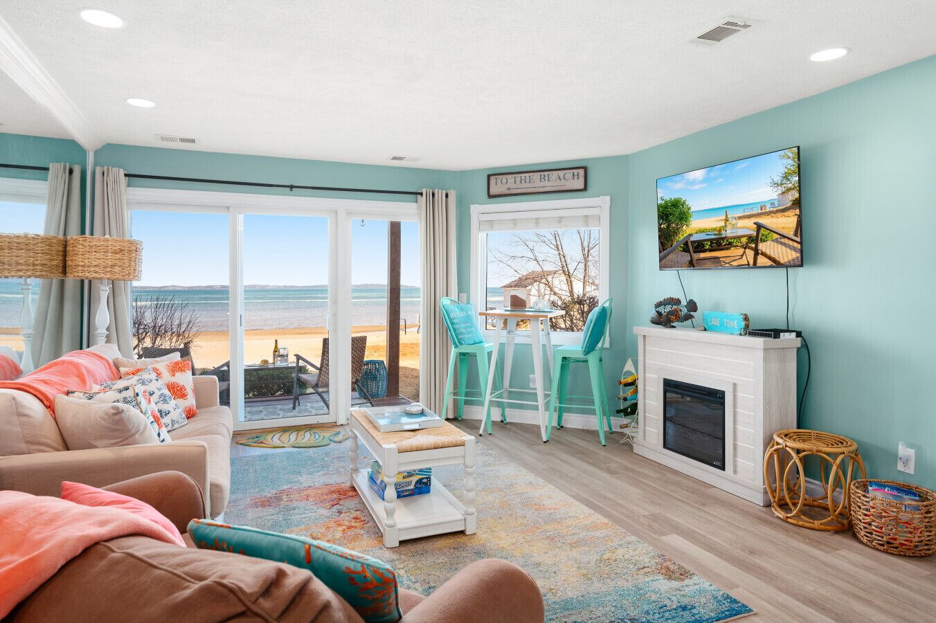 Smart TV, fireplace, books
