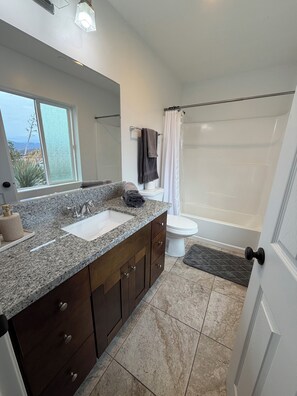 A modern bathroom with a granite countertop sink, a toilet, and a shower area.