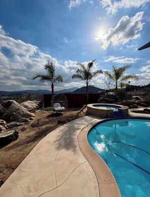 A pool area with a curved edge, a lounge chair, and palm trees.