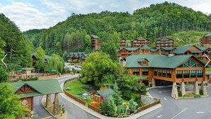 Eine Lodge mit mehreren Holzhäusern, einem zentralen Gebäude mit grüner Dachbegrünung und bewaldeter Kulisse.