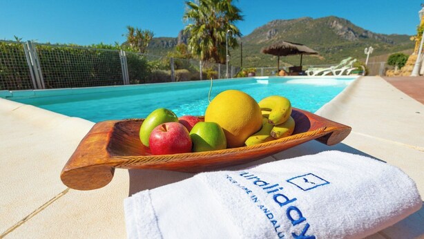 Eine hölzerne Obstschale mit Äpfeln und Zitrusfrüchten an einem Pool, mit einem Handtuch und Blick auf die Berge.