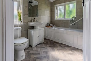 Hair dryer, towels, soap, toilet paper