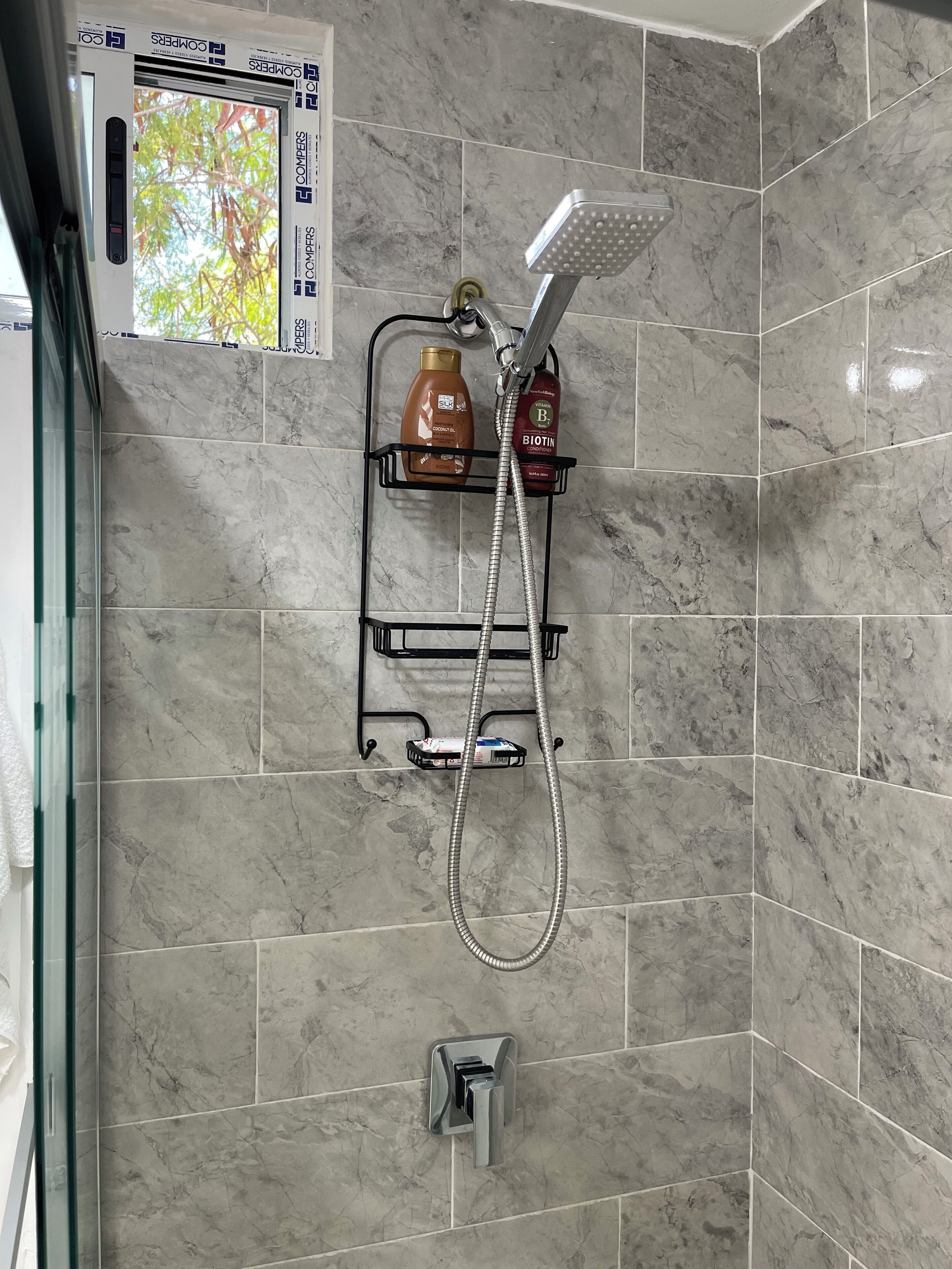 Hair dryer, towels, soap, toilet paper