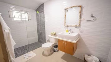 Une salle de bain équipée d’une douche, de toilettes, d’un lavabo et d’un miroir.