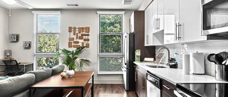 Fridge, microwave, oven, stovetop