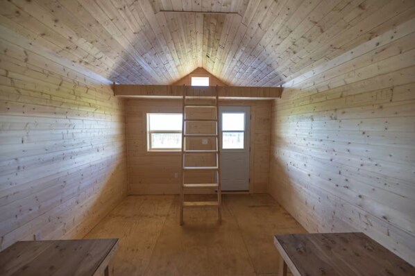 A room with wooden walls and a sloped ceiling, featuring a central window, a door, and a ladder.