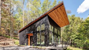 Eine moderne Holzhütte mit großer Glasfassade, geneigtem Holzdach und einer Betondeck.
