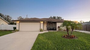 Une maison de plain-pied avec un garage, une pelouse devant et un petit palmier.