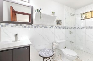 Hair dryer, towels, soap, toilet paper