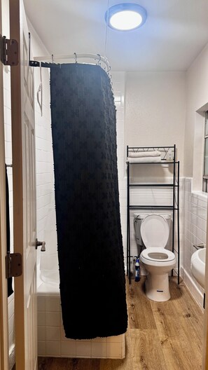 Hair dryer, towels, soap, toilet paper