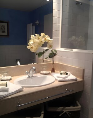 Shower, hair dryer, towels