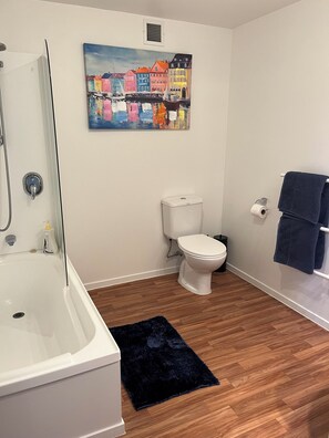 Hair dryer, towels, soap, toilet paper