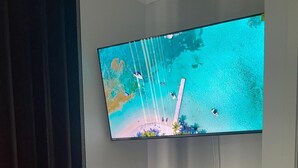 Seinälle asennettu televisio, jossa näkyy kuva rannasta. Television alla on valkoinen työpöytä, jonka päällä on maljakko täynnä kukkia ja kaukosäädin.