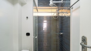 Una ducha con puerta de vidrio, cabezal de ducha de mano y barra de apoyo.