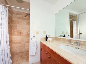 Hair dryer, towels, soap, toilet paper