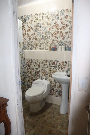 Un bagno con il water, un lavandino e piastrelle a motivi floreali.