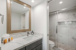 淋浴设施、吹风机、毛巾、肥皂