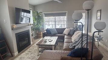 智能電視、壁爐、書籍