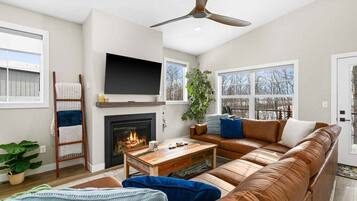 TV connectée, cheminée, livres