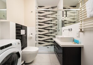 Shower, hair dryer, towels