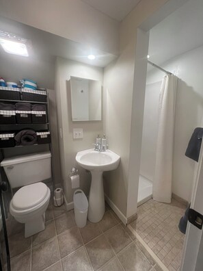Een kleine badkamer met toilet, wastafel en douche.