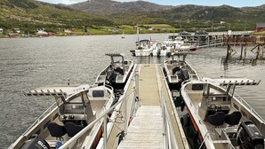 A dock with several boats, a wooden pier, and a mountainous landscape in the background.